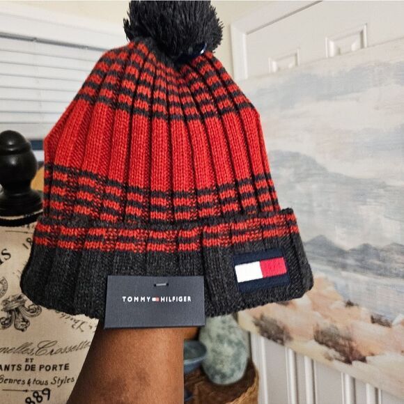 New Tommy Hilfiger Red & Grey Striped Beanie Hat